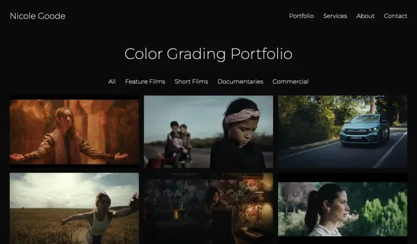 Portfolio website for Color Grader Nicole Goode from Mikimalio.